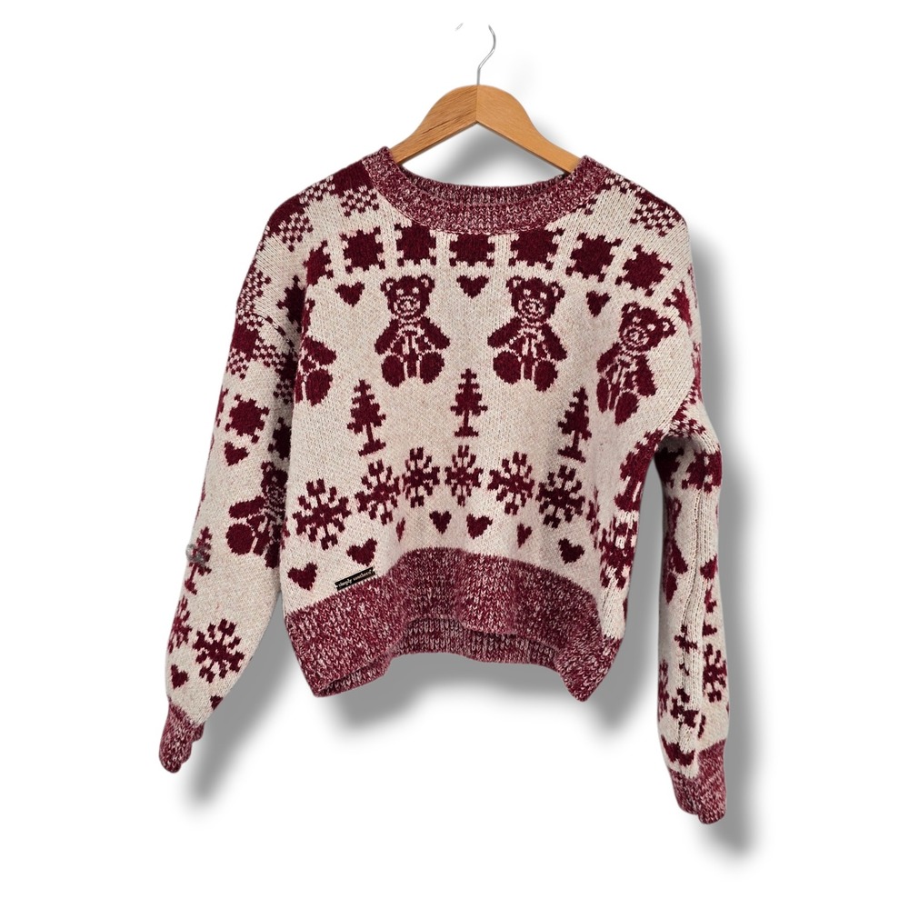 Simply Southern Burgundy Cream Teddy Bear Snowflake Knit Sweater Womens Medium